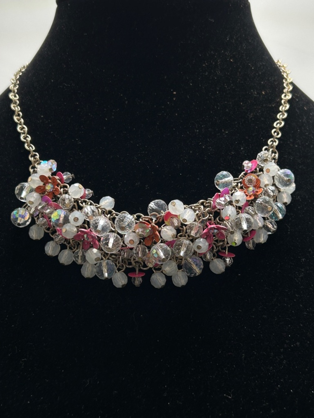 Ann Taylor Loft, Pink, Clear, AB Crystal Cluster Necklace, Floral Accents, Gold